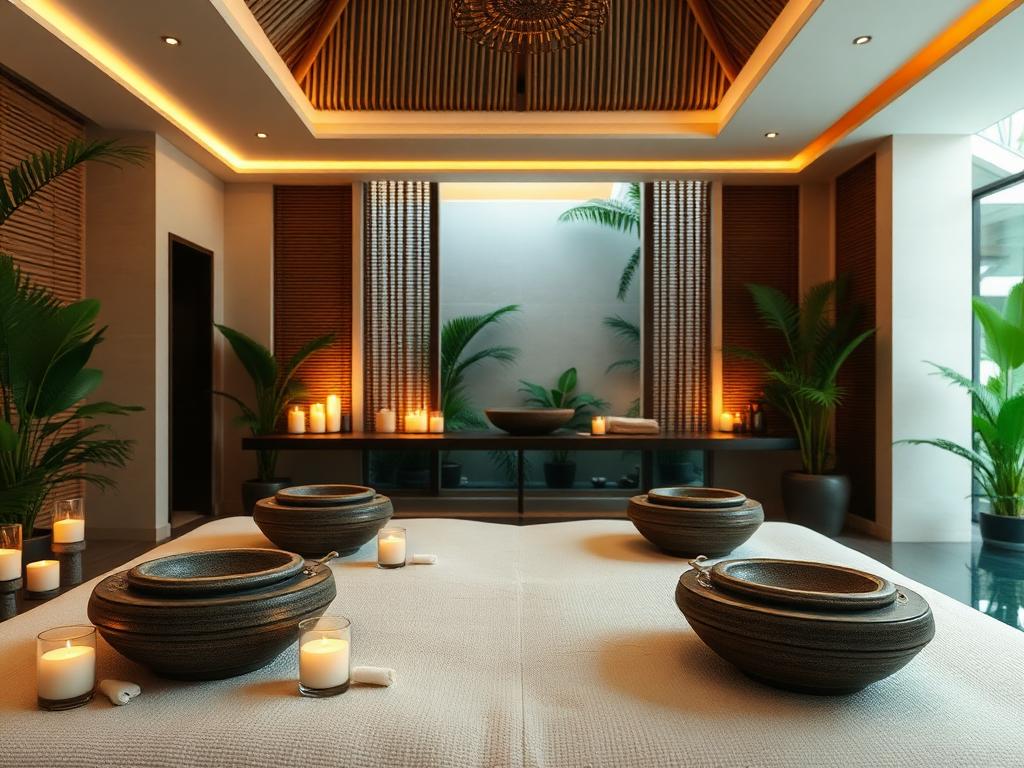 Sala de masajes del spa con velas y plantas tropicales