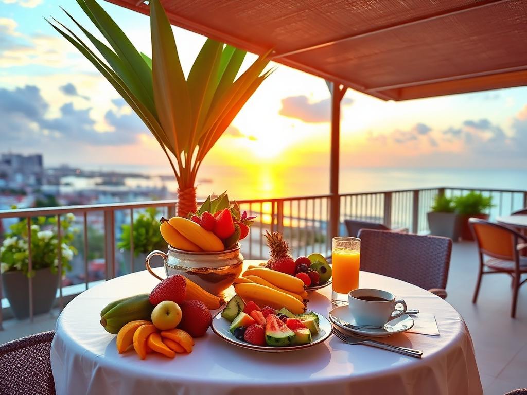 Desayuno en la terraza con vista al mar